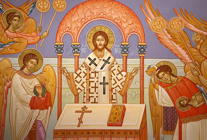 Christ blessing behind the altar, surrounded by angels