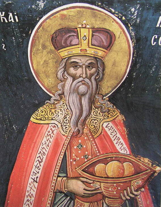Fresco of St. Melchizedek holding an offering of bread, from Dionysiou Monastery on Mount Athos