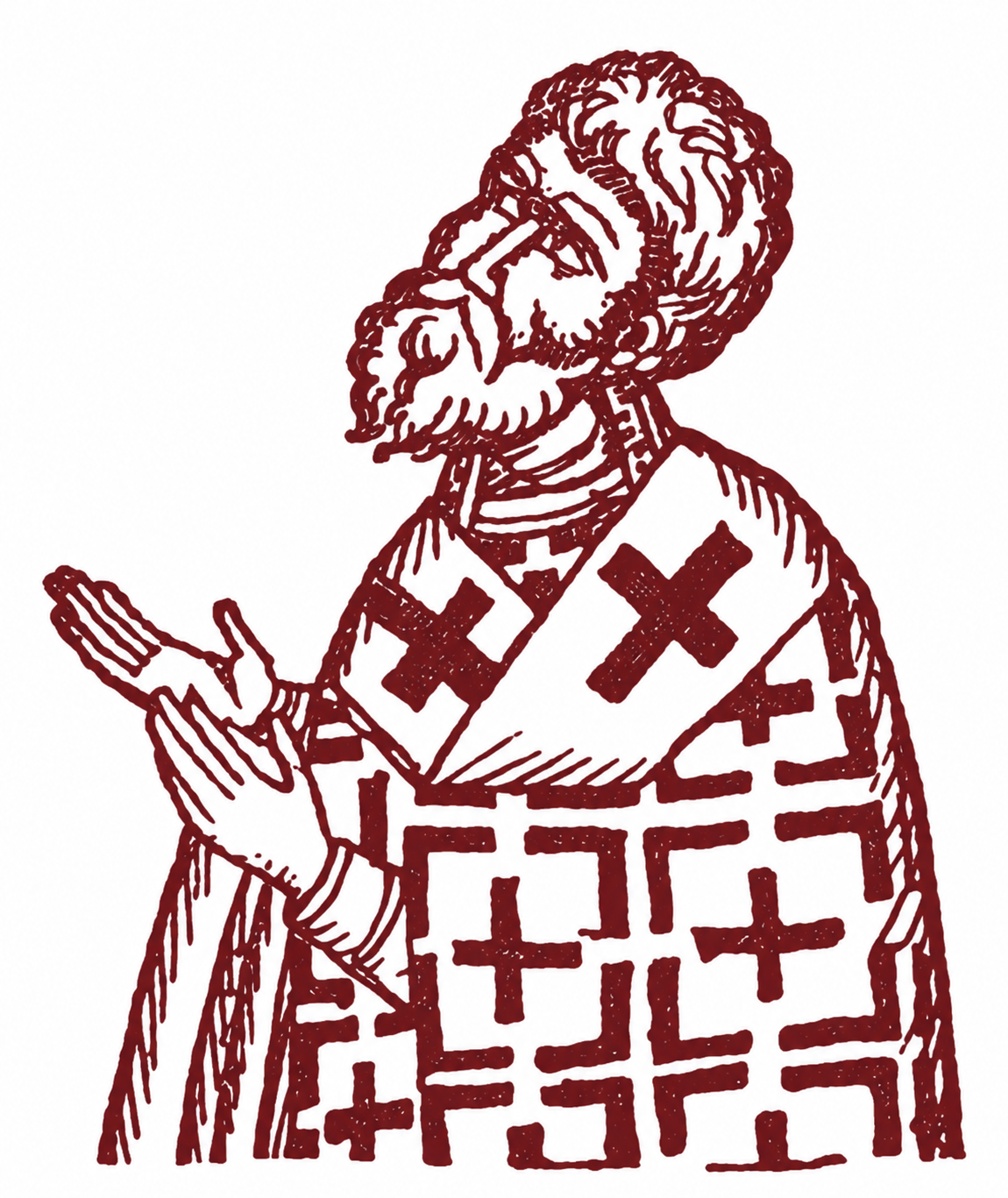 Burgundy engraving of a priest looking upward with raised hands