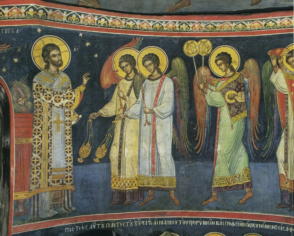 Historic fresco of Christ beside the altar and angels carrying censers, liturgical fans, and the gifts