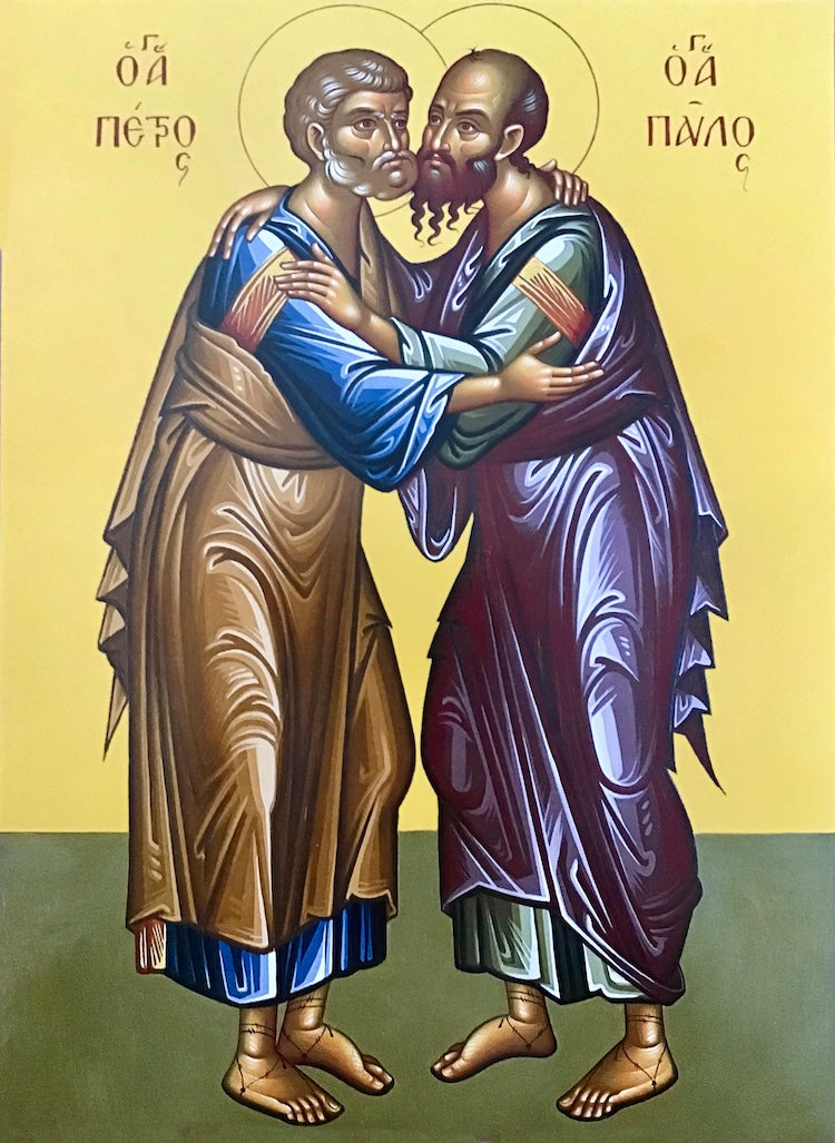 St. Peter and St. Paul embrace, their hands resting on one another’s shoulders