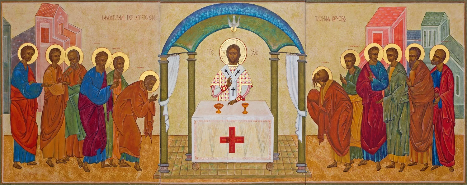 Christ vested as a hierarch behind the Holy Table, with the apostles approaching from both sides