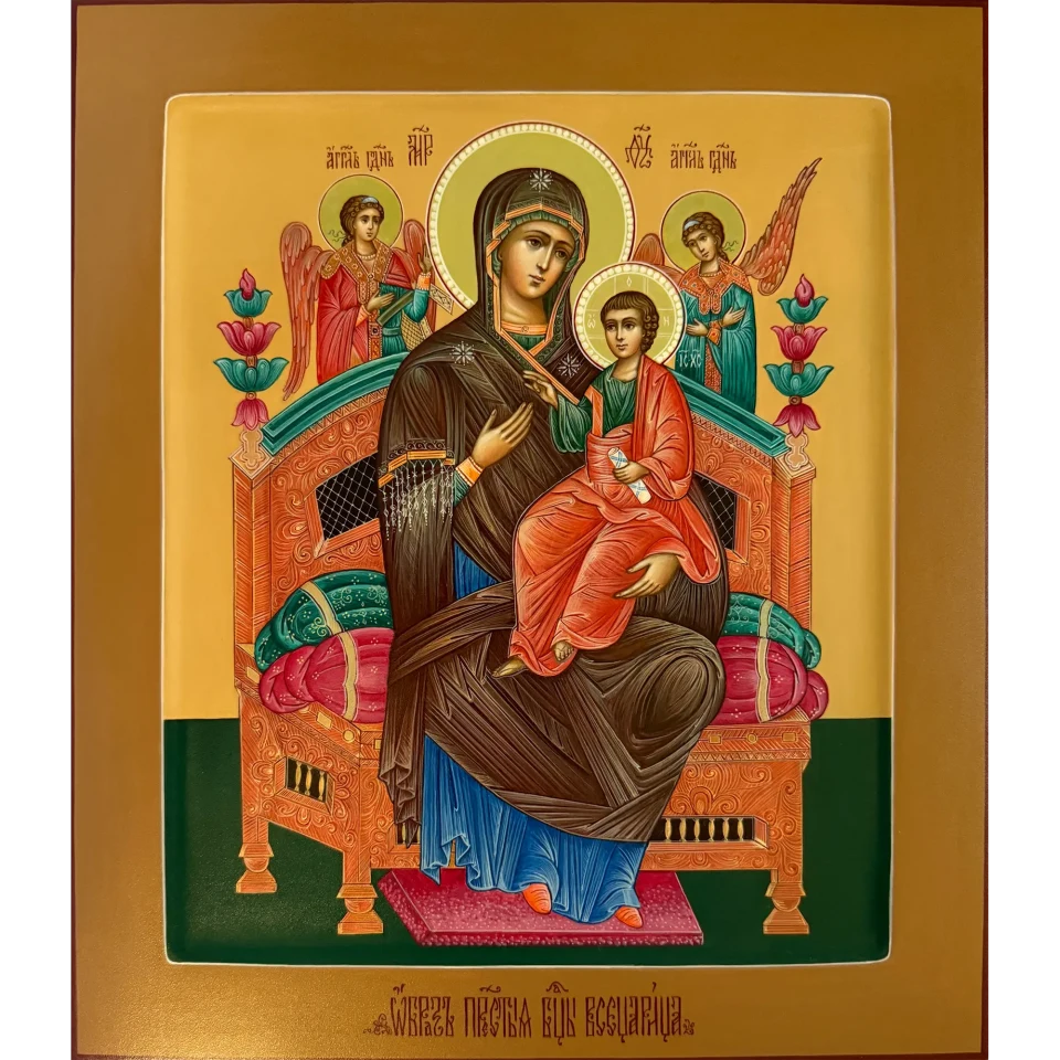 The Theotokos seated on a throne holding Christ, with two angels behind her